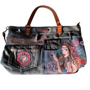 Nicole Lee Blue Artistic Denim Tote with Brown Handles